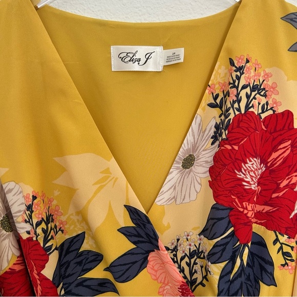 Eliza J Wrap Midi Dress Floral Puff Sleeve Fall Yellow Red Blue Size 2P Petite - Picture 4 of 14